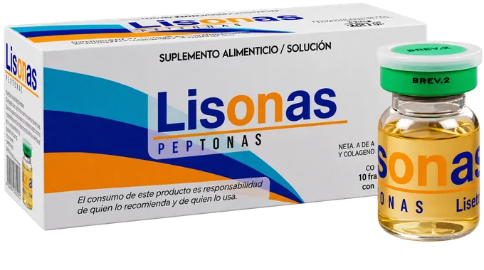Presentación de Lisonas Peptonas: caja con 10 frascos de 7 ml.
